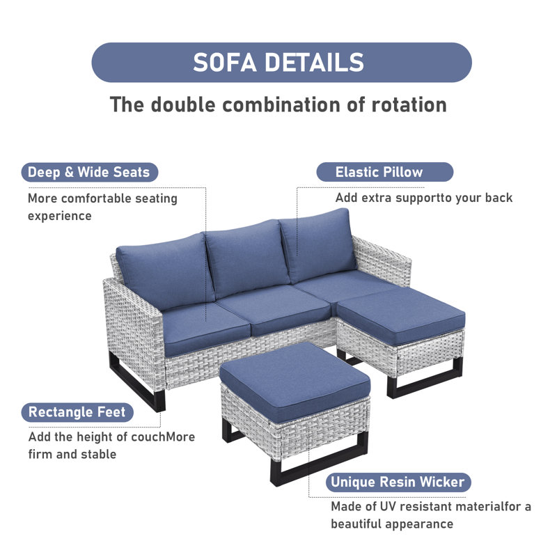 Wavel 74 " W Straight Powder Coated Steel Patio Sectional Set with Cushions, Blue