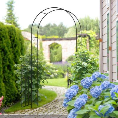 Arche de jardin 7,5 'avec barrière - noire. Treillis pour plantes grimpantes dans les jardins. Espaces extérieurs décoratifs en métal thermolaqués stables. Plantes de soutien. Fabrication