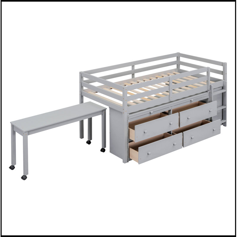 Lit mezzanine avec bureau d'écriture rétractable et 4 tiroirs, Lit simple, Gris