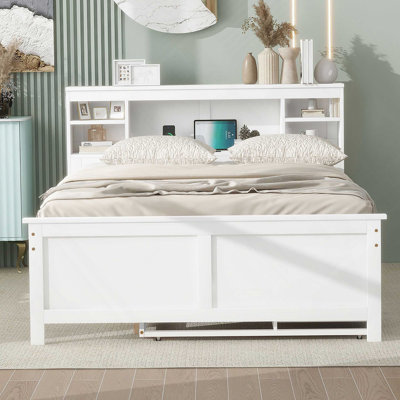 Platform Bed with Storage Headboard, USB, Trundle and 3 Drawers