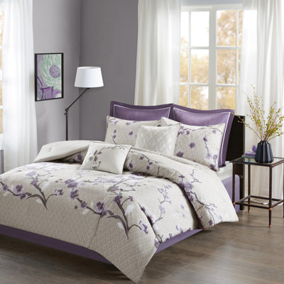 Édredon très grand 8 pièces. Tissu de coton mauve / taupe . Imprimé floral. Édredon, taies décoratives européennes, coussins décoratifs,. Lavable à la machine. Pièce. Mauve taupe . Imprimé floral.
