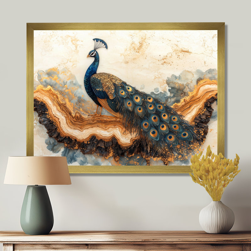 «Hannann Golden Aqua and Wood Peacock Landscape I», art mural paon, H 12 po x l 20 po, Avec cadre, Doré