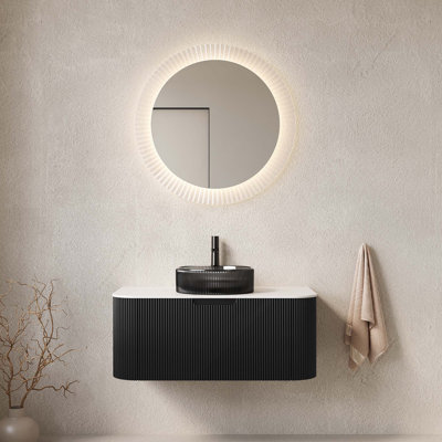 Meuble-lavabo de 36 pouces avec lavabo, armoire de rangement à bordures courbes avec tiroir et comptoir, lavabo rond en verre transparent, pré-assemblé