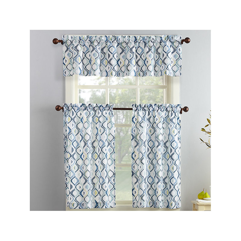 Maree Geometric Semi-Sheer Rod Pocket Kitchen Curtain Valance and Tiers Set, 54" W x 36" L
