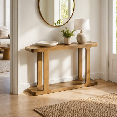 Minimalist Modern Console Table, Inlaid Assembly Design, Solid Wood Legs, Pine Veneer, Thick Tabletop & Bottom Shelf, Entryway Sofa Table for Living R