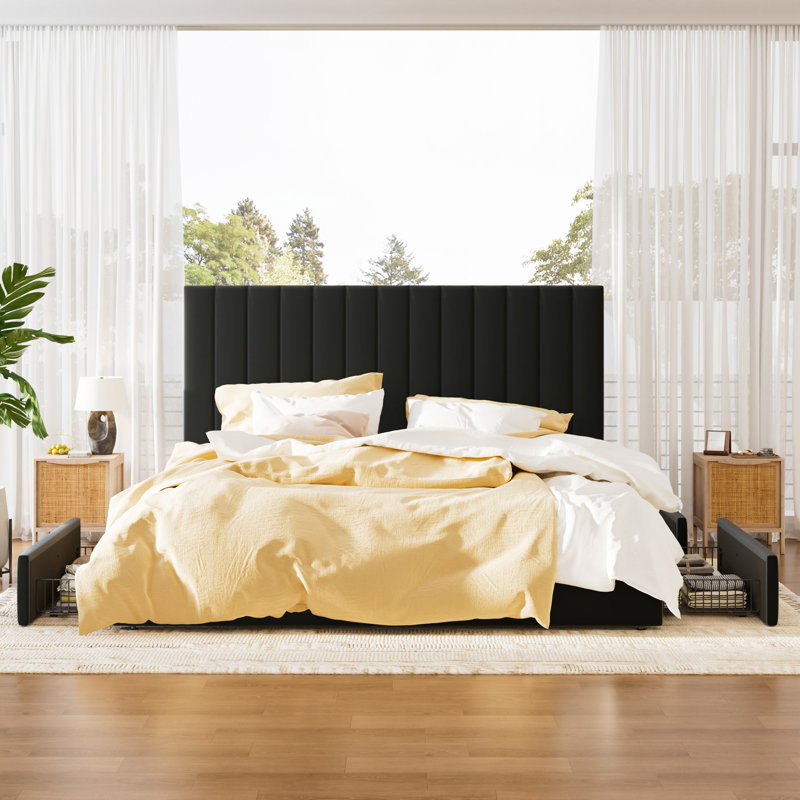 4-Drawer Velvet Upholstered Storage Platform Bed with Adjustable Headboard, Black, King