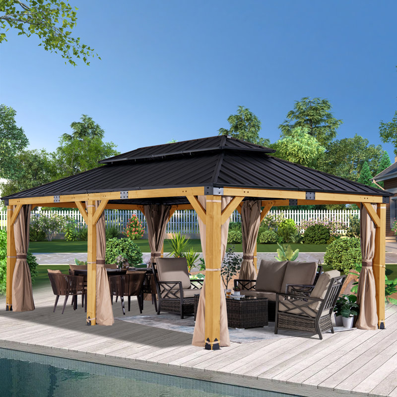 Cedar Wood Gazebo With Double Galvanized Steel Hardtop, Curtains & Netting (Khaki), 119.21" H x 234.72" W x 142.24" D
