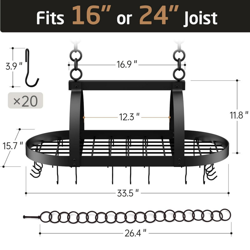 Support à pot noir mat avec 20 crochets en S, support à casseroles suspendu pour casserole ovale de cuisine et support à casseroles