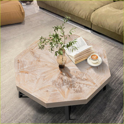 Octagonal Wood Patchwork Coffee Table for Living Room, Easy Assembly &amp; Clean