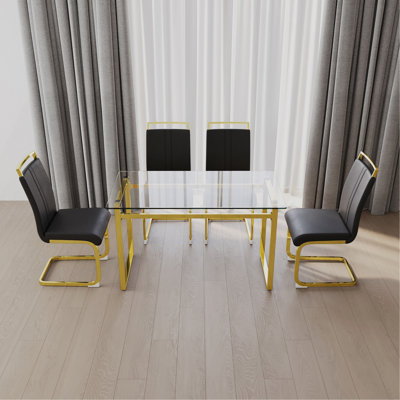 Ensemble de table de salle à manger 51 pouces en verre pour 4 personnes, ensemble de table et chaises avec pieds dorés pour la cuisine, plateau de table rectangulaire moderne en verre trempé et chaise sans accoudoir en polyuréthane pour la salle à manger