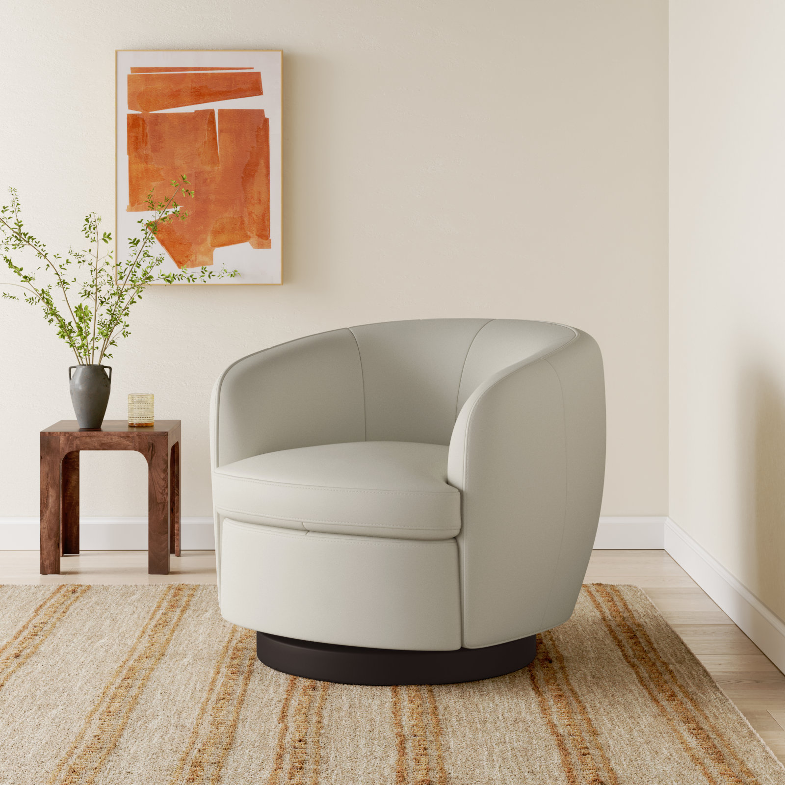 Marcy Genuine Leather Swivel Barrel Chair, Denali Ivory Genuine Leather