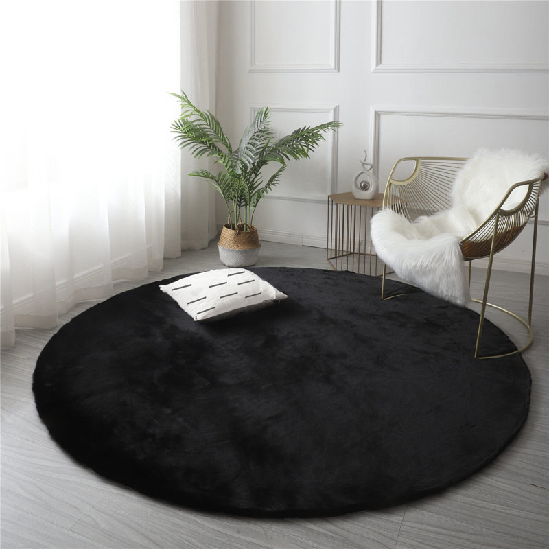 Black Novelty Faux Rabbit Fur Rug Luxury Soft Thicken Faux Fur Rug Carpet for Bedroom Living Room, Round 8'