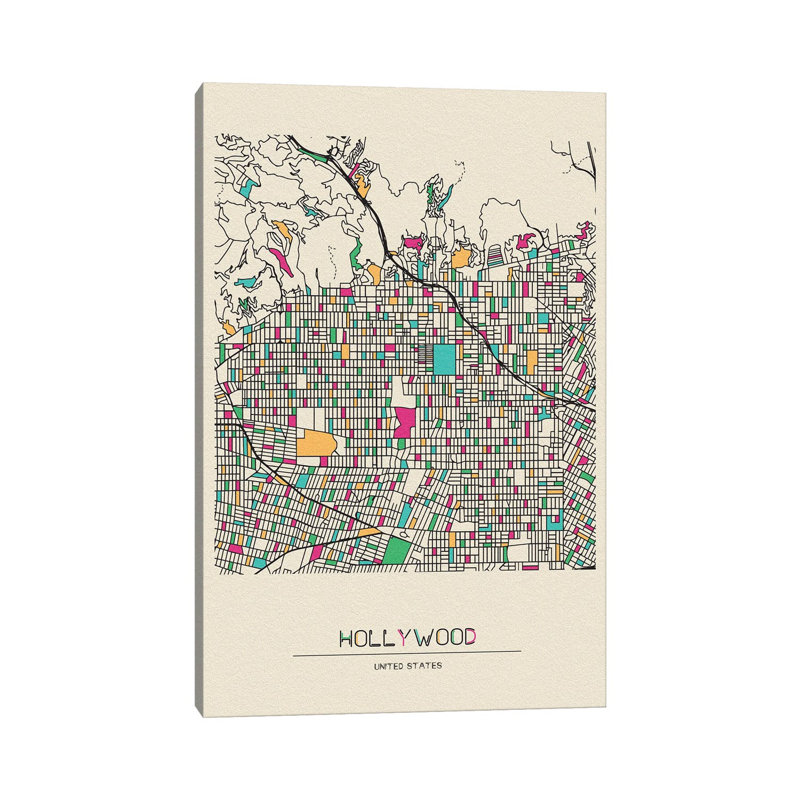 Hollywood, Los Angeles Map 1 Piece Wrapped Canvas Wall Art, 152.5 cm H x 101.5 cm W