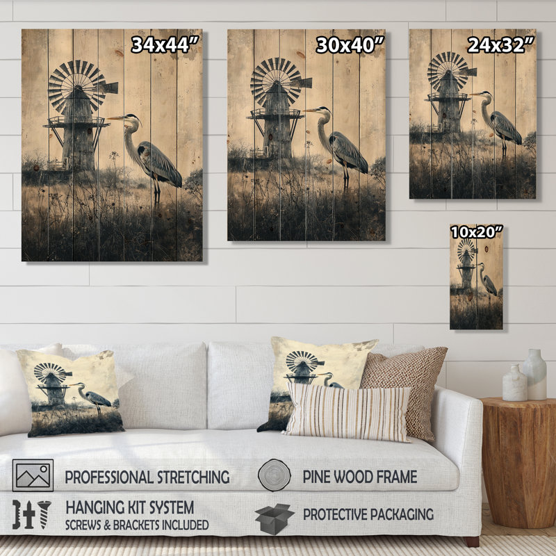 Gris héron monochrome par le moulin à vent II - Art mural en bois animal héron - sur bois de pin naturel