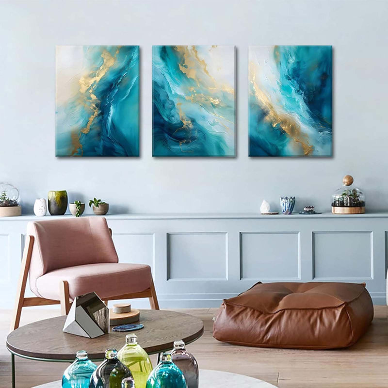 Teal Canvas Wall Art Set Of 3 Abstract Aqua Blue Marble Fluid Wall Decor Pictures Neutral Modern Minimalist Posters Prints For Living Room Bedroom Home Decoration