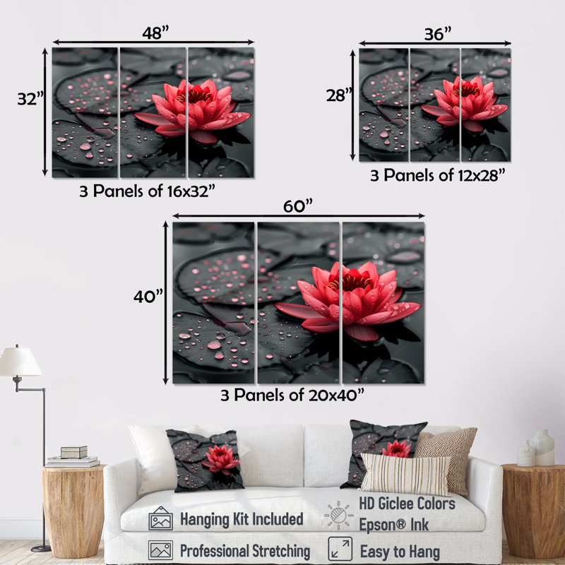 «Romantic Red Black Lotus Pond Photo II», ensemble d'art mural lotus, Toile tendue, H 28 po x l 36 po x P 1 po