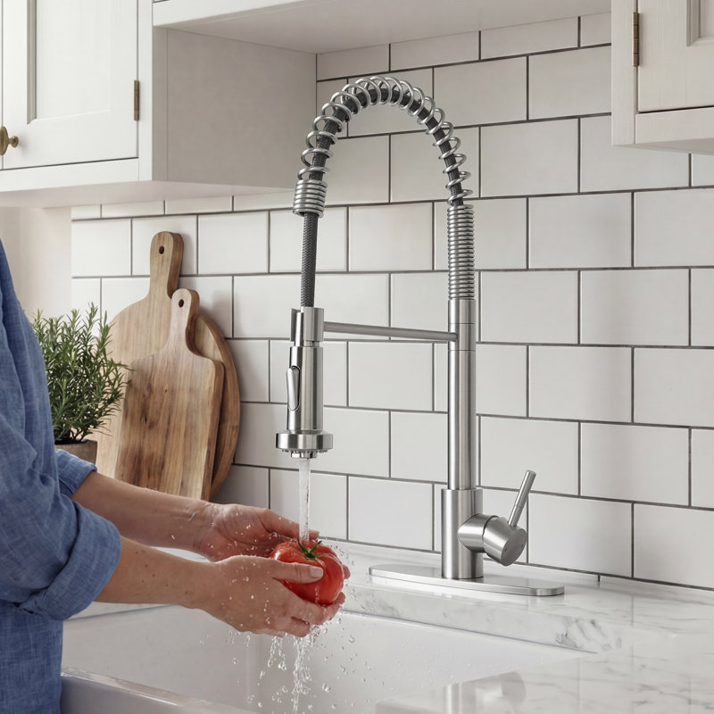 Pre-Rinse Spring Kitchen Faucet with Sprayer, Dual Spray Mode Commercial Kitchen Sink Faucets, Single Handle 304 Stainless Steel, Includes Deck Plate, Fits 1-Hole or 3-Hole Sinks, Brushed Nickel