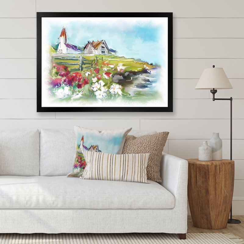 Bâtiments blancs sur un pré vert coloré - peinture sur toile, H 25,5 po x l 33,5 po x P 1 po, Cadre noir