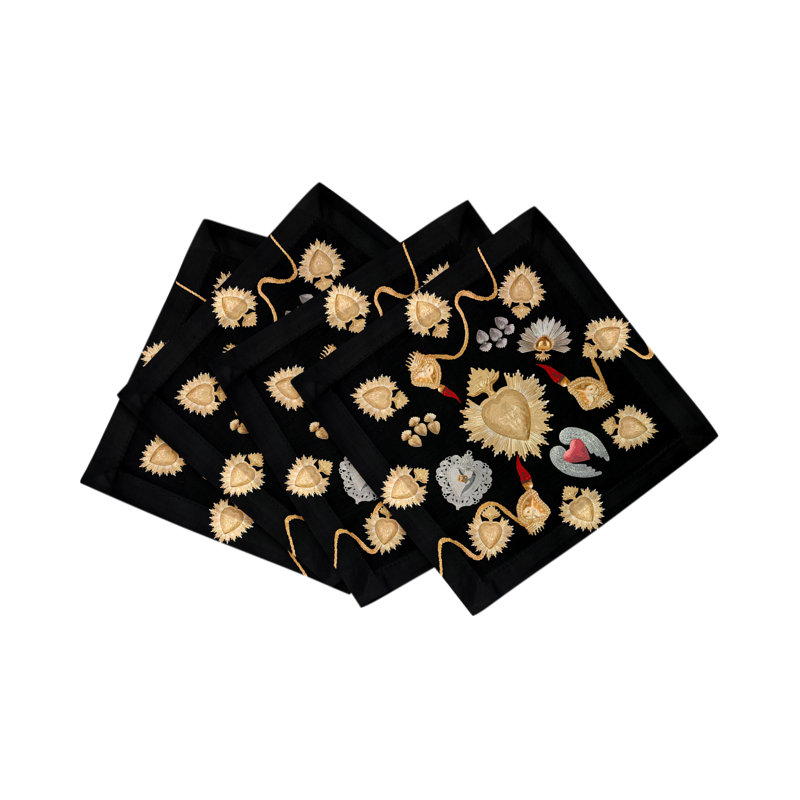 Ex Vote Sacred Hearts Cotton Sateen Cocktail Napkins, Black