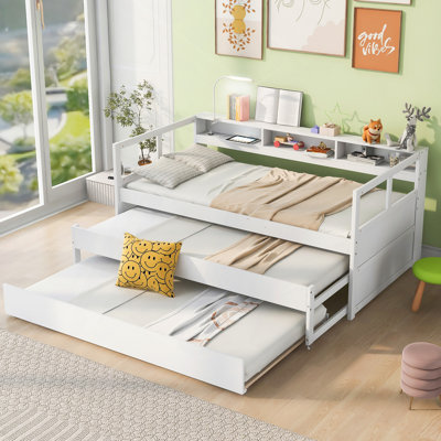 Wood Daybed With 2 Trundles, 3 Storage Cubbies, 1 Light For Free And USB Charging Design