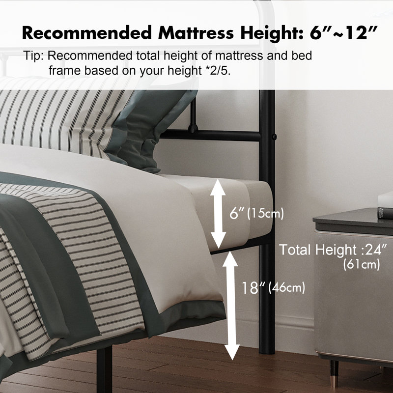 Oley Double Wave Headboard and Footboard Heavy Duty Anti-sway 18in High Steel Tube Iron Bed with Storage, Queen