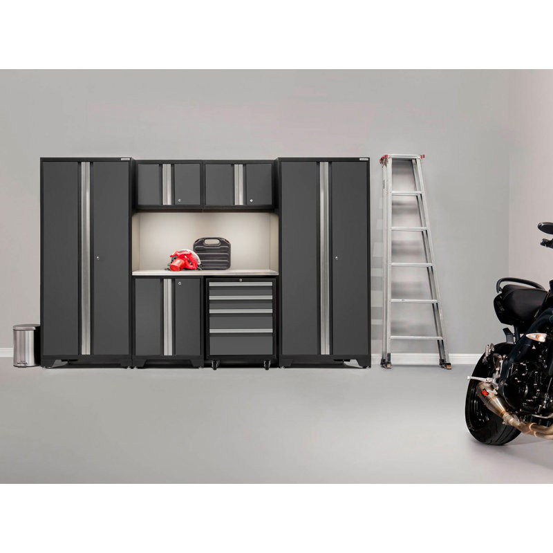 Bold Series 7 Piece Garage Storage Cabinets, Gray, Stainless Steel, LED Light