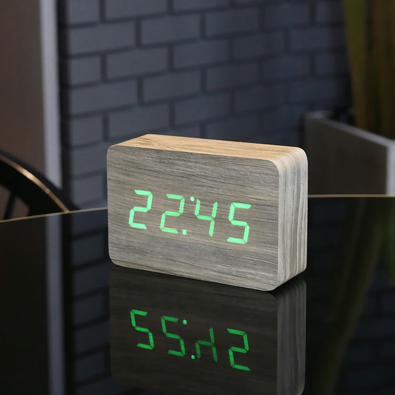 Sleek & Chic Modern Digital Birch Solid Wood Electric Alarm Tabletop Clock, Ash/Green