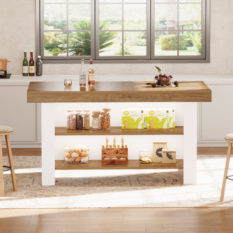 Îlot de cuisine 55 po avec rangement, Blanc, Brun
