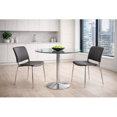 3-Piece Contemporary Bistro Dining Set With 32” Glass Table And 2 Grey Leather Chairs