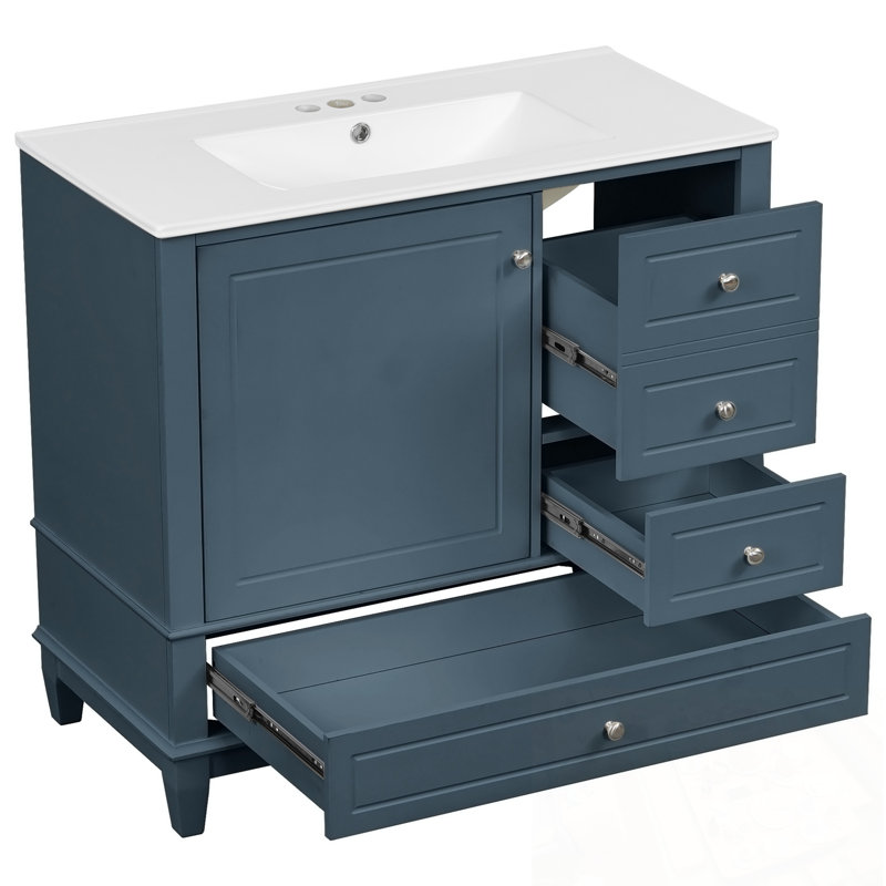 Meuble-lavabo avec lavabo, 3 tiroirs et tablettes de porte, Bleu gris