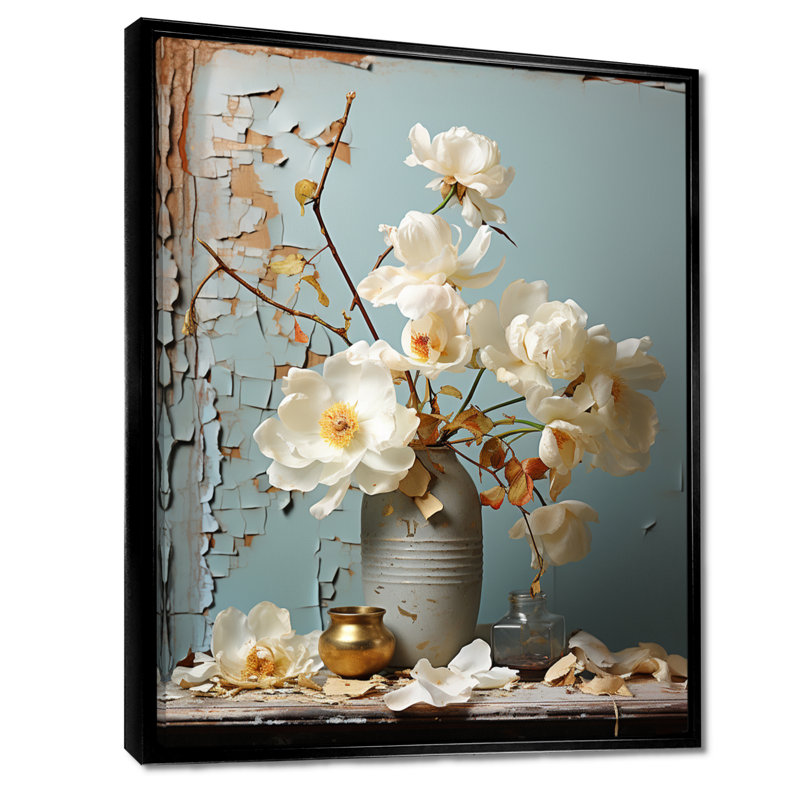 Nature morte anémone blanche dans un vase gris rétro bleu - Bouquets assortis, Toile avec cadre flottant noir