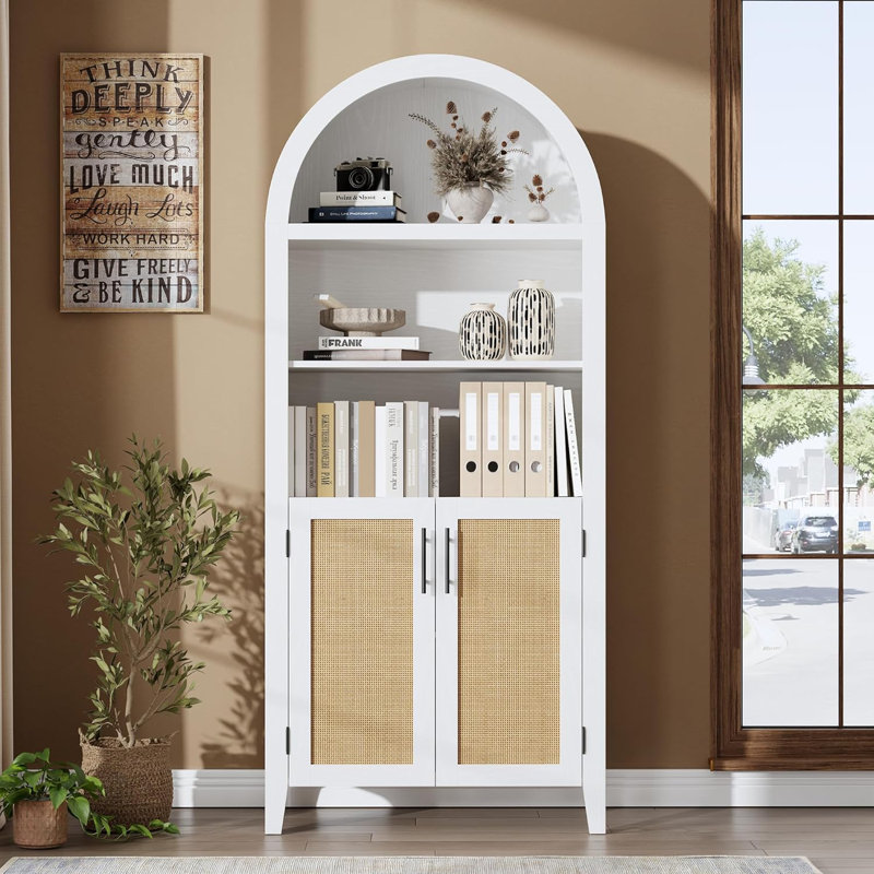  Bibliothèque arquée de 63 po de hauteur avec portes - étagère ouverte à 5 niveaux avec décor en rotin, armoire de rangement moderne pour bibliothèque de bureau à domicile, blanc