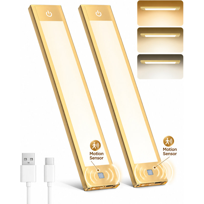 V4light 2-Pack Rechargeable Motion Sensor Under Cabinet Lights, Dimmable, 3 Color Temperatures, Gold