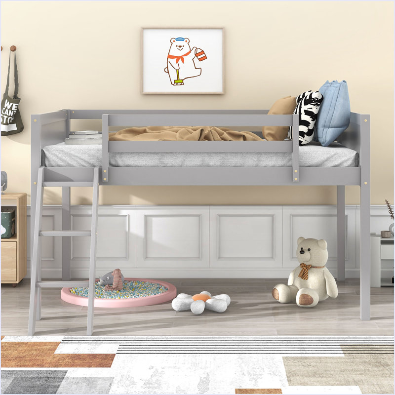 Lit mezzanine bas en bois avec échelle, Simple, Gris