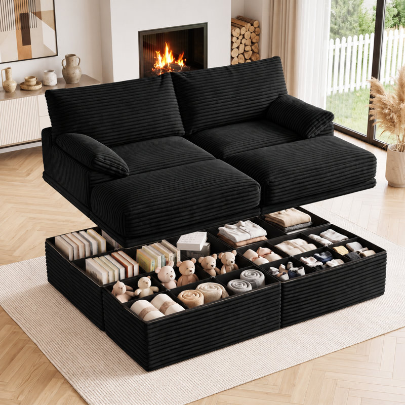 Canapé 2 places noir côte à côte avec deux poufs, 2 sièges + 2 repose-pieds, Velours côtelé noir