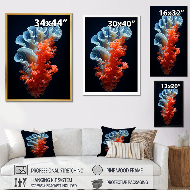 Impression sur toile «Pruple coloré et corail noir I» - Plage et océan, H 44 po x l 34 po x P 1,5 po, Cadre simple noir