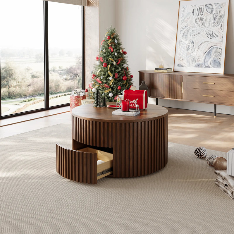 Silva - Lifting Top Round Coffee Table, Light Walnut, 17.72" H x 39.37" L x 39.37" W