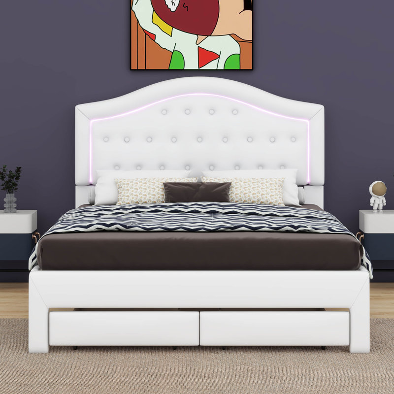 Lit plateforme tapissier Crettie avec tête de lit capitonnée, DEL et tiroir, Blanc, Grand