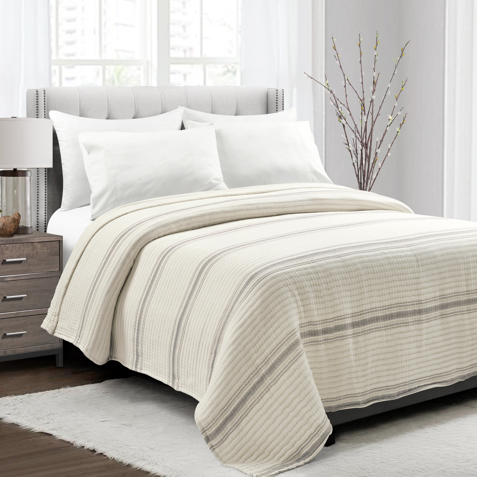 Oakleaf Cotton Quilt, Queen Quilt, Gray