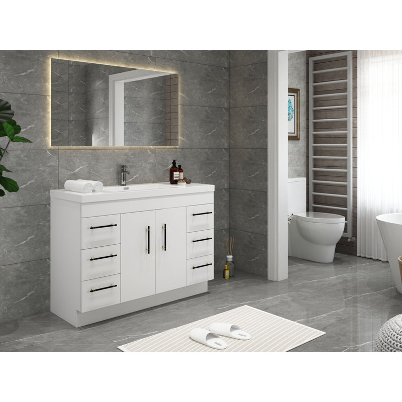 Carliss 48'' Single Bathroom Vanity with Acrylic Top, Glossy White, Black