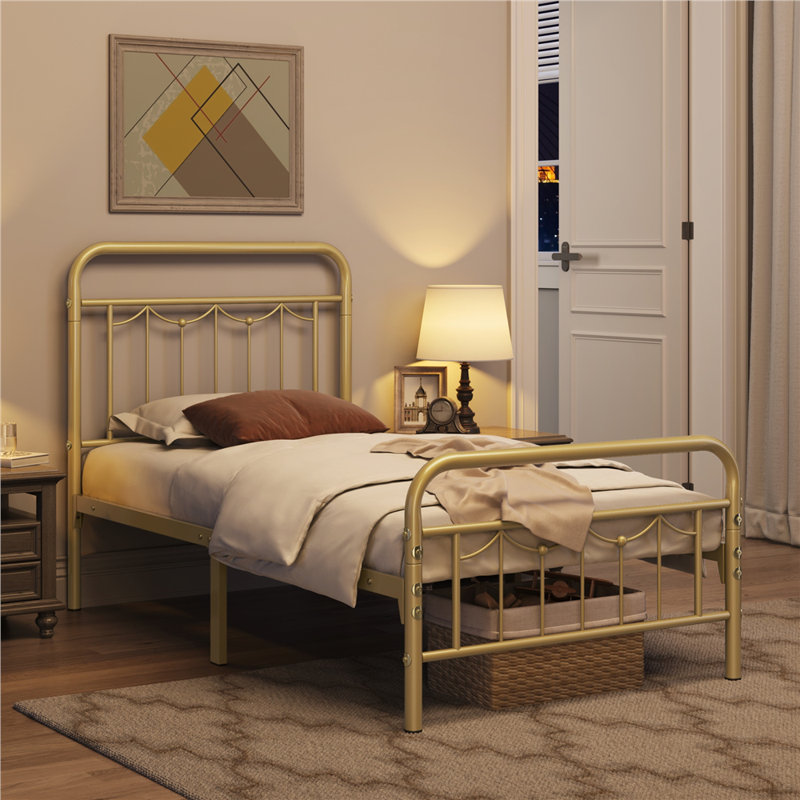 Antique Gold Twin Metal Bed Frame with Headboard and Slats