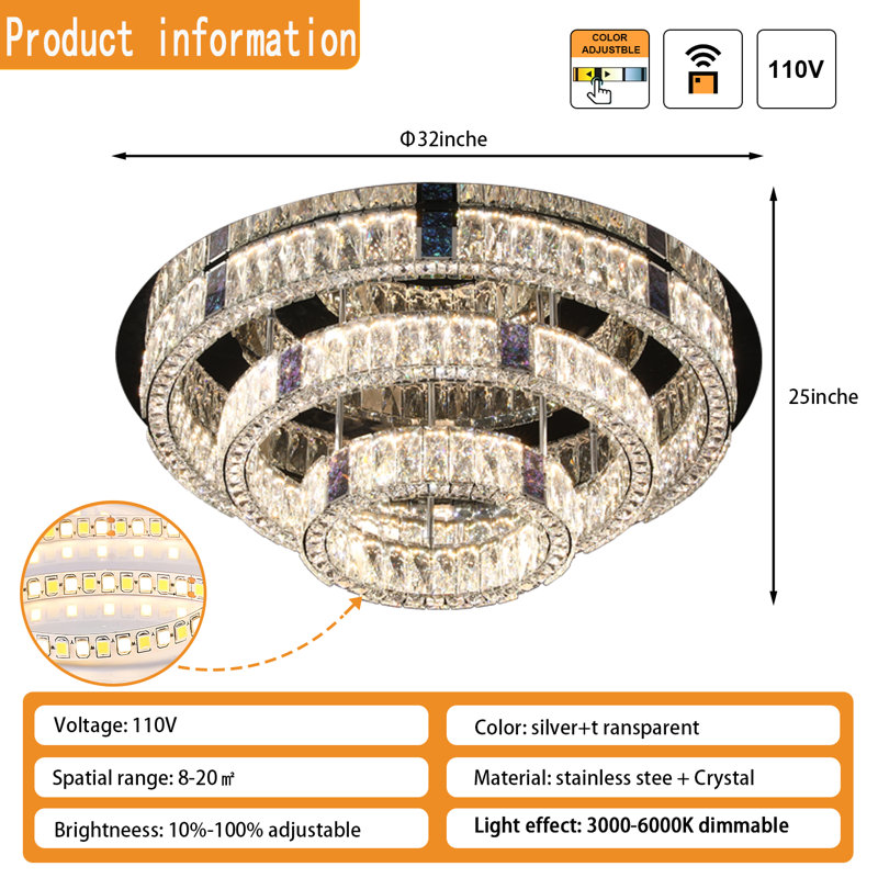 Markiese 32" Crystal Chandelier 3-Tier Round Ring Chrome Ceiling Light Fixture for Dining Room Living Room 3000-6000k