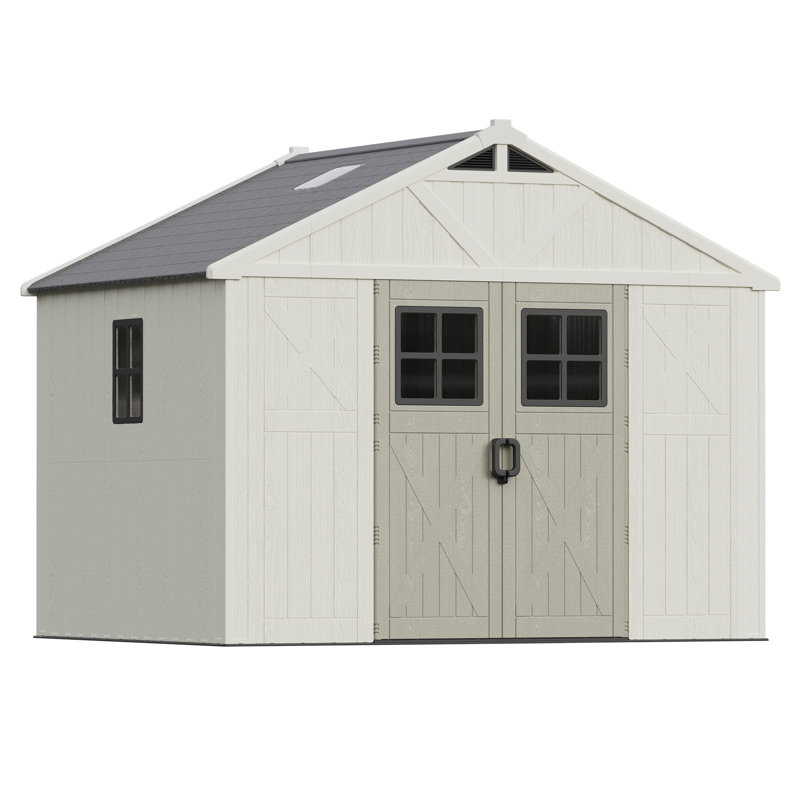 10 pi. L 8 pi. D - Remise de rangement en plastique avec plancher, remise en résine avec structure en acier renforcé, beige