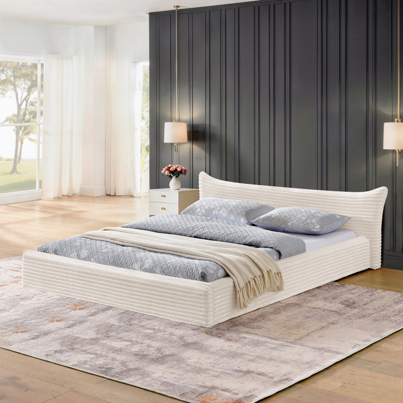 Cadre de lit tapissier grand format et tissu de velours, cadre de lit plateforme au sol avec courbure décorative avec tête de lit et matériau en bois massif, sans sommier tapissier - beige