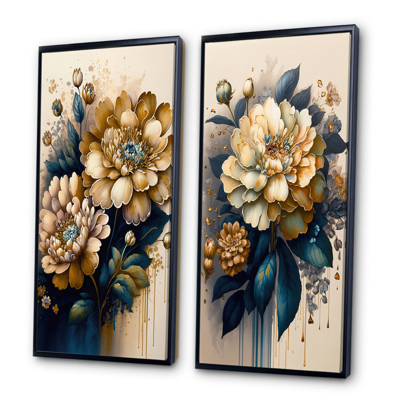 «Deep Yellow and Blue Zinnia Flowers», 2 pièces sur toile, Cadre noir, H 32 po x l 32 po