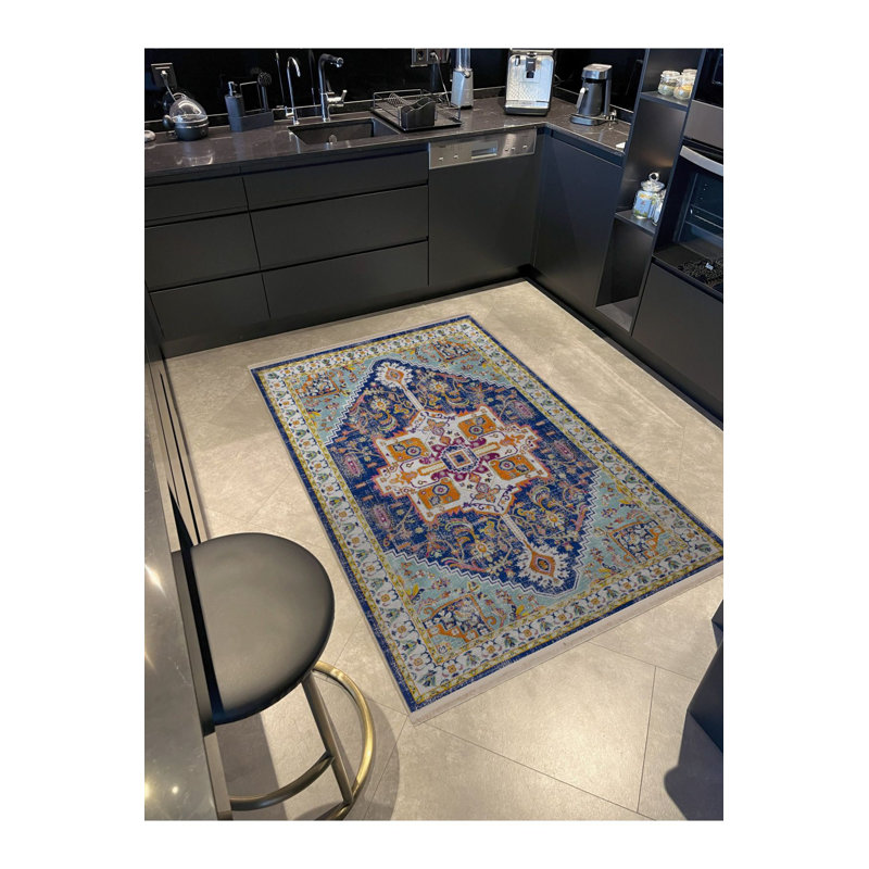 Tapis bleu délavé à motif décoratif frangé traditionnel, Tapis de couloir 3 pi 3 po x 9 pi 10 po