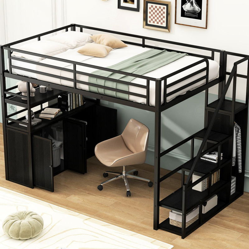 Lit mezzanine en métal avec rangement - Escalier, garde-robe, tablettes, casiers, Noir