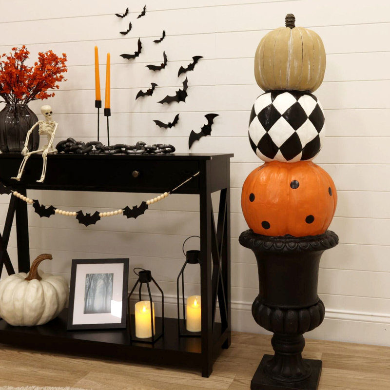 52-inch Stacked Orange, Beige, and Black Metal Pumpkins in Urn