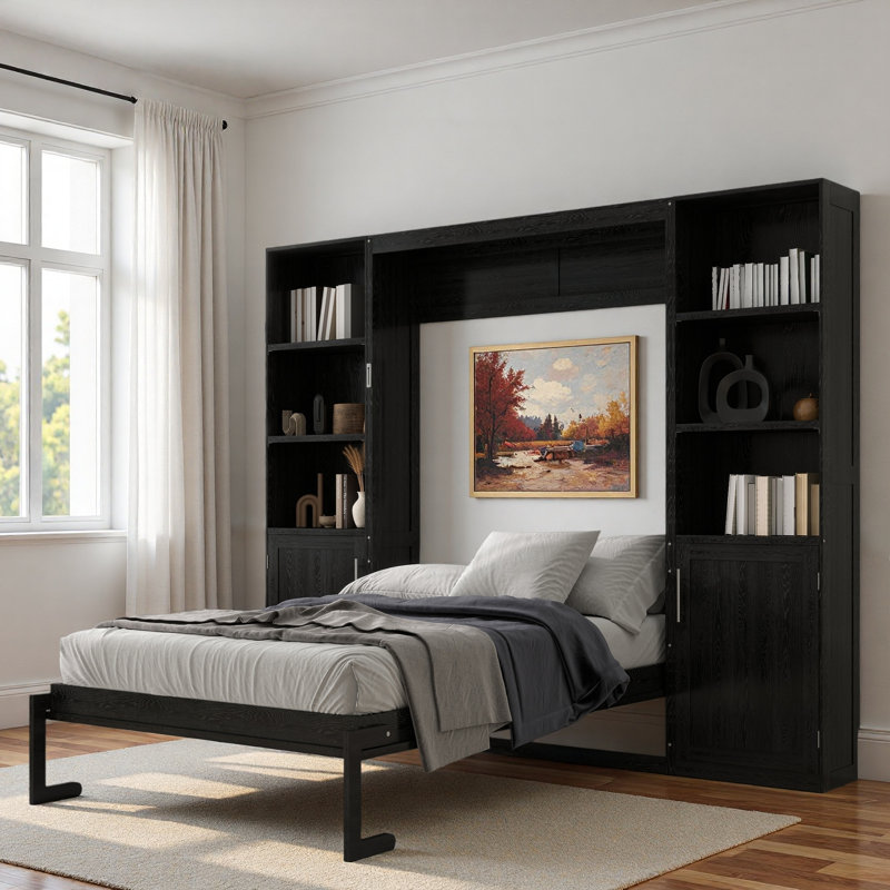 Lit escamotable en bois avec tablettes et armoires de rangement