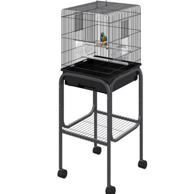 45-Inch Metal Indoor Bird Cage - Spacious Parrot Aviary With Detachable Stand, Basket, And Delight Land Black For Parrots, Storage Location, Perch Choices World